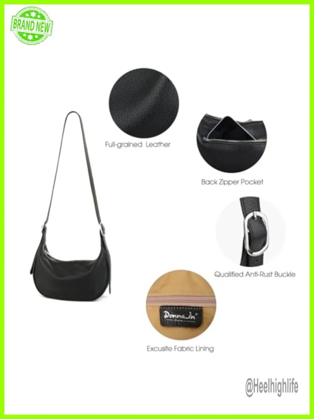 Full Grain Leather Hobo Bag Crossbody Crescent Shoulder Purse